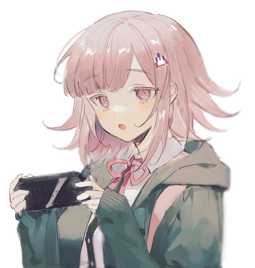 1girl asphyxia17 controller danganronpa_(series) dress_shirt game_controller gamepad hair_ornament hairclip highres hood hooded_jacket jacket looking_at_viewer nanami_chiaki pink_eyes pink_hair playing_games shirt short_hair solo twitter white_background white_shirt