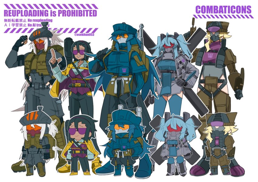 5girls ahoge animal_hat aqua_shirt backpack bag baggy_clothes baggy_pants beanie belt beret black_hair black_pants blast_off_(transformers) blonde_hair blue_footwear blue_hair blue_hat boots brawl_(transformers) breasts cannon chibi chibi_inset coat collared_shirt combaticon dark_skin decepticon english_text fingerless_gloves gauntlets genderswap genderswap_(mtf) gloves green_footwear green_hood green_vest grey_coat grey_footwear grey_leotard grey_pants group_name gun hair_between_eyes hand_on_own_hip handgun hat headband high_heel_boots high_heels highres hip_vent holding holding_gun holding_weapon hood humanization jacket knee_boots leotard long_hair mask mecha_musume medium_hair military mouth_mask multiple_girls muscular navel onslaught_(transformers) orange_visor osekihan053 pants pointing ponytail pouch purple-tinted_eyewear purple_vest red_mask red_visor shirt shoes short_hair shoulder_cannon smirk sunglasses swindle_(transformers) tactical_clothes tinted_eyewear transformers twintails twitter_username two-tone_footwear very_long_hair vest vortex_(transformers) watermark weapon white_background white_hair yellow_boots yellow_jacket yellow_shoes