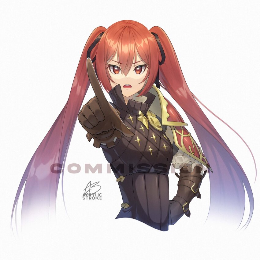 1girl acrylicstroke armor brown_gloves brown_shirt commentary english_commentary fire_emblem fire_emblem_fates gauntlets gloves hair_ribbon hand_on_own_hip highres leather leather_gloves looking_at_viewer nintendo open_mouth pauldrons pointing pointing_at_viewer red_eyes red_hair ribbon selena_(fire_emblem_fates) shirt shoulder_armor signature single_pauldron twintails watermark white_background
