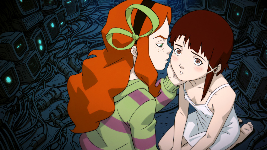 2girls absurdres blush computer feet freckles green_eyes hair_ribbon highres hood hoodie iwakura_lain monitor multiple_girls nightgown orange_hair purple_and_green ribbon serial_experiments_lain server_(computer) vivian_james yuri