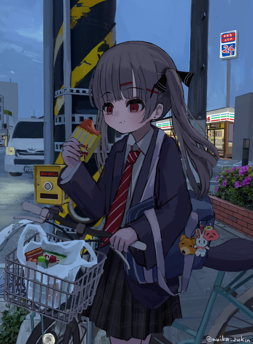 1girl :t absurdres bag bicycle black_bow black_skirt blazer blue_jacket blunt_bangs bollard bow car chewing closed_mouth cloud cloudy_sky collared_shirt convenience_store cowboy_shot earrings evening flower food hair_bow hair_ornament hairpin highres holding holding_bag holding_food jacket jewelry long_hair looking_down motor_vehicle necktie original outdoors pedestrian_push_button pink_flower planter plastic_bag pleated_skirt pushing_bicycle red_eyes red_necktie road school_uniform shirt shop sidelocks sidewalk sign skirt sky slice_of_life solo street striped_necktie stud_earrings twintails wanigumo white_shirt