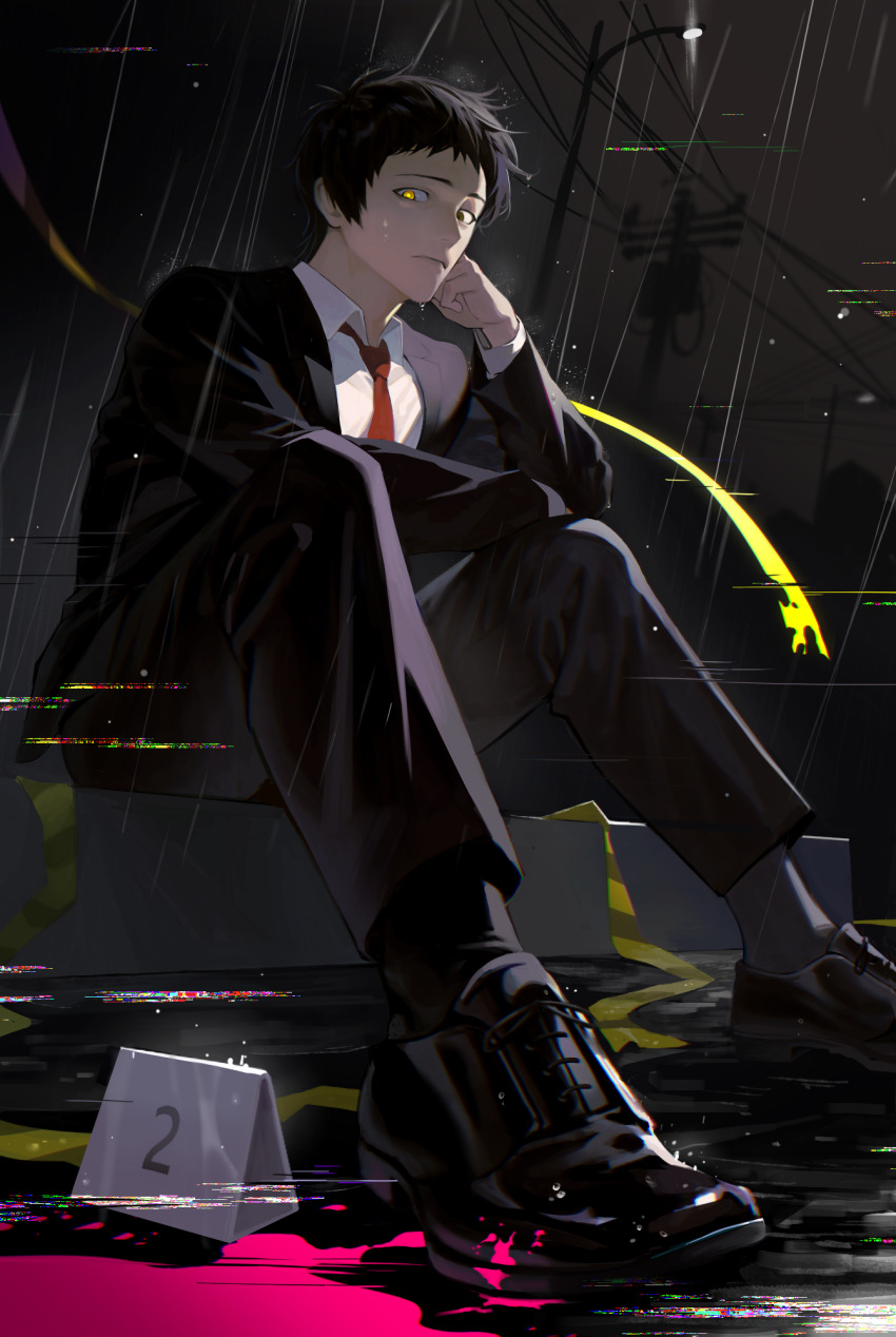 1boy adachi_tooru arm_on_knee black_hair black_suit brown_eyes cheolsu dress_pants dress_shoes formal_clothes from_below glitch hand_on_own_cheek hand_on_own_face head_rest heterochromia highres jacket lamppost long_sleeves looking_at_viewer necktie night open_clothes open_jacket persona persona_4 pink_liquid power_lines rain red_necktie shirt sitting solo suit suit_jacket utility_pole white_shirt wing_collar yellow_eyes