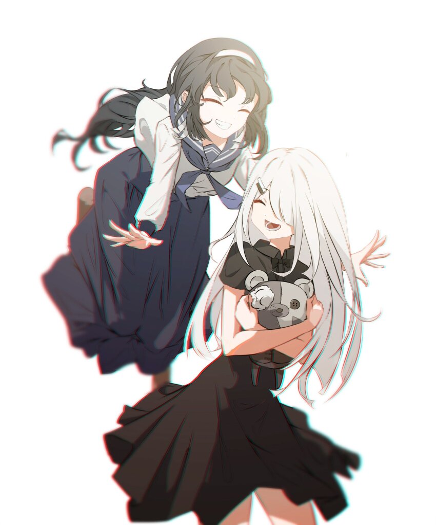 2girls 9h :d backlighting black_bow black_bowtie black_dress black_hair blue_neckerchief blue_sailor_collar blue_skirt bow bowtie chromatic_aberration closed_eyes commentary_request dress grey_hair grin hair_ornament hair_over_one_eye hairband haizumi_(noworld) highres hugging_object imminent_hug indie_virtual_youtuber long_hair multiple_girls neckerchief noir_(noworld) noworld open_mouth pouncing sailor_collar school_uniform serafuku shirakura_ayame simple_background skirt smile stuffed_animal stuffed_toy teddy_bear virtual_youtuber white_background white_serafuku