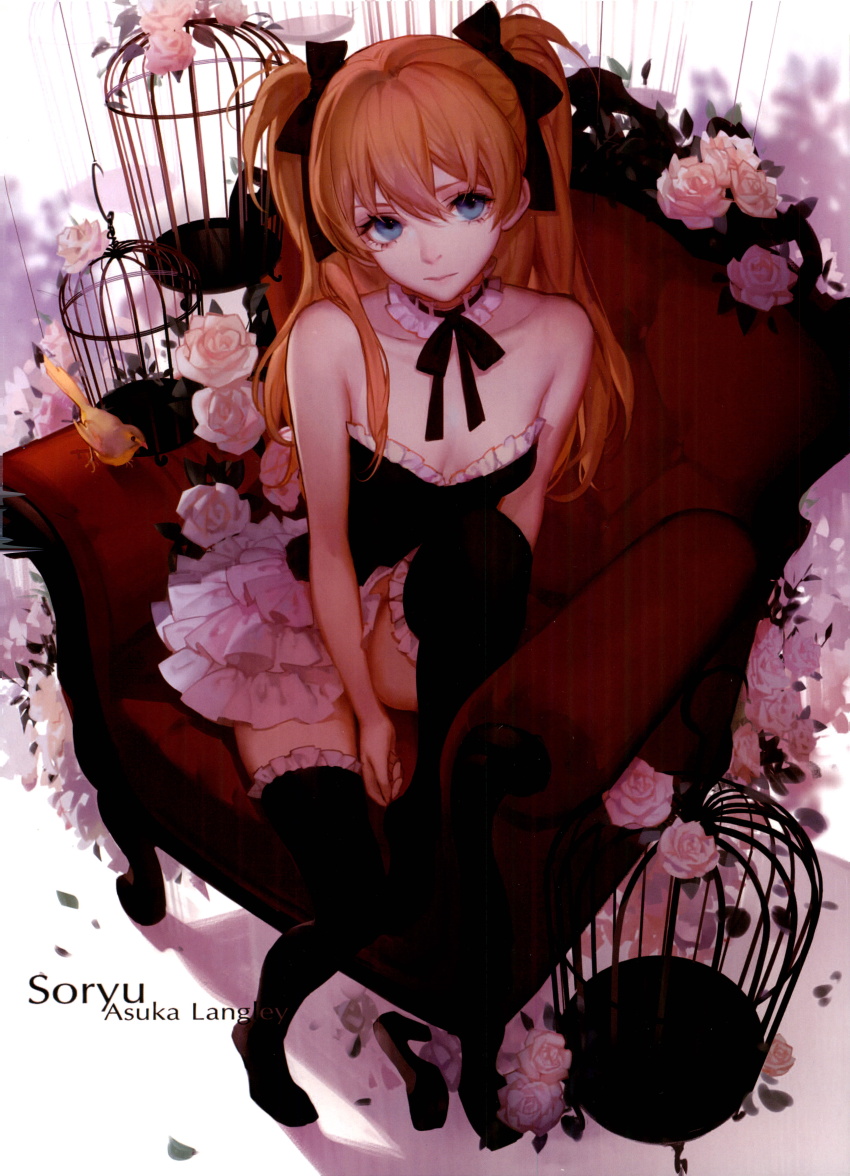 1girl absurdres ask_(askzy) bird birdcage black_bow black_shoes black_socks blue_eyes bow cage couch flower highres neon_genesis_evangelion pink_flower pink_rose rose shoes socks souryuu_asuka_langley twintails