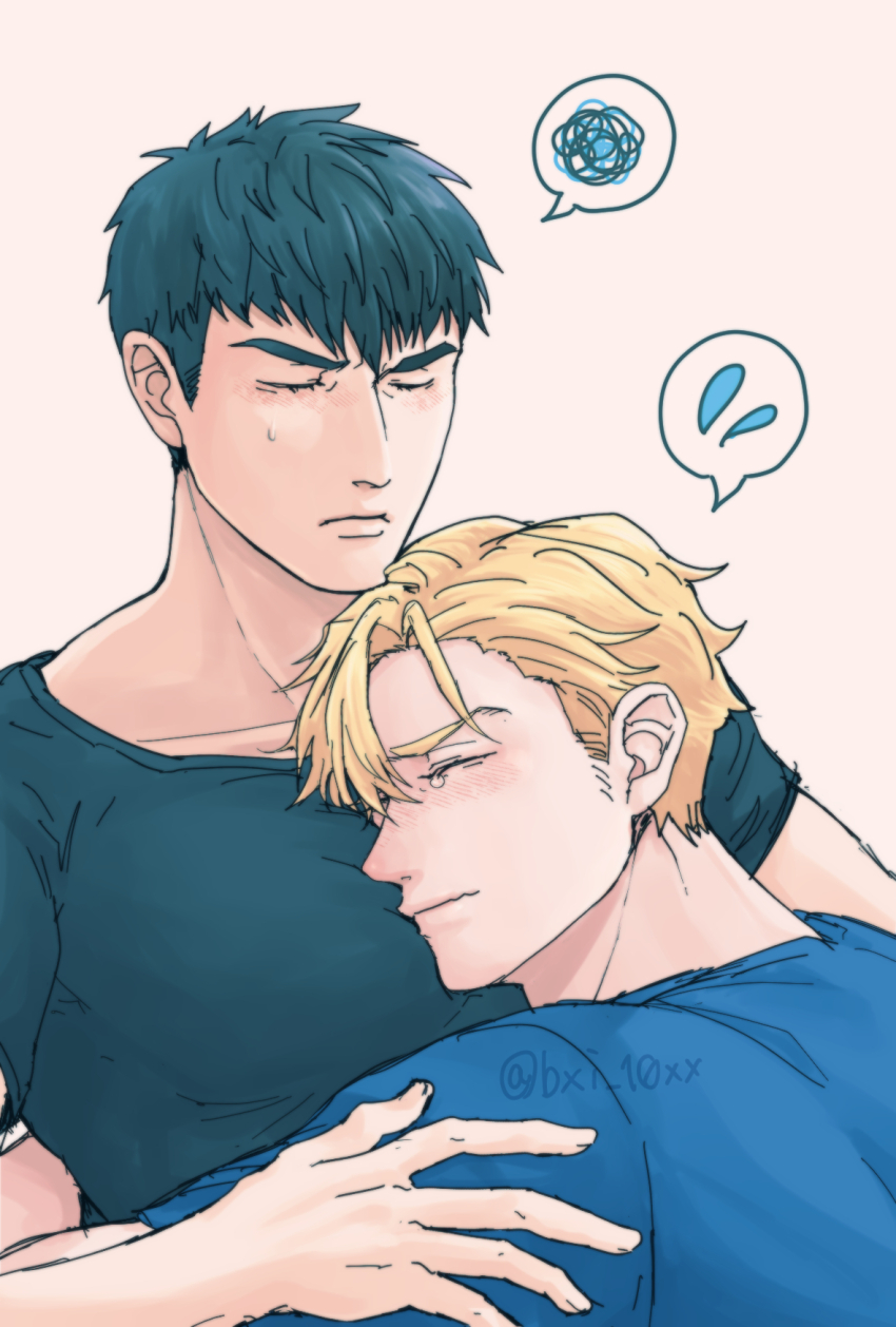 2boys alternate_hairstyle ao_isami black_hair blonde_hair comforting couple facial_hair hair_down highres large_pectorals lewis_smith male_focus multiple_boys pectoral_pillow pectorals sideburns_stubble spoken_squiggle spoken_sweatdrop squiggle stubble sweatdrop takana_yagi_(bxi_10xx) tearing_up thick_eyebrows upper_body yaoi yuuki_bakuhatsu_bang_bravern