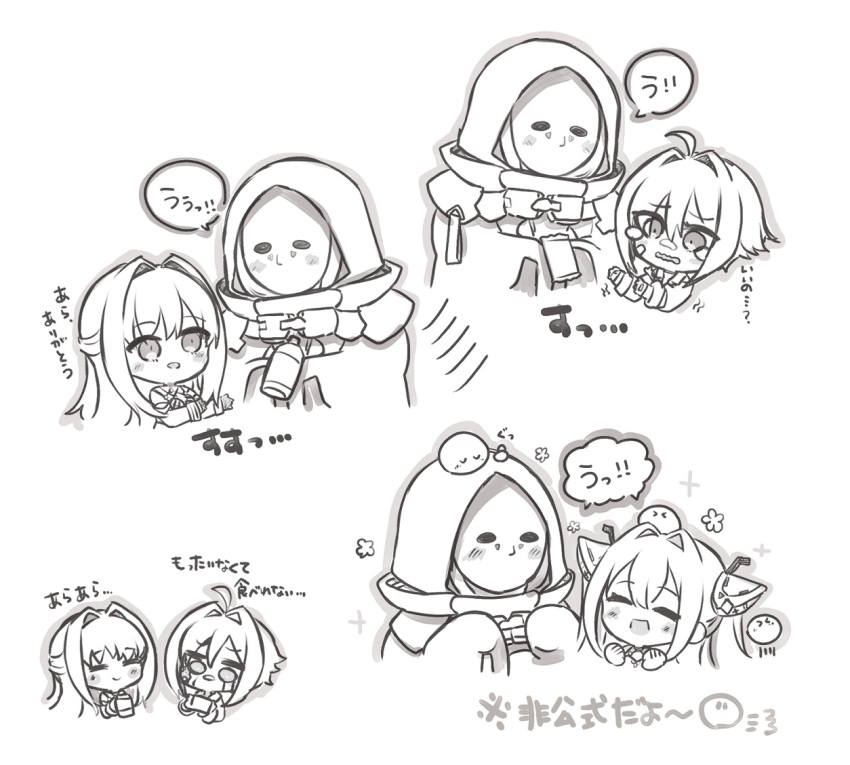 &gt;_&lt; 1other 3girls :d ahoge blush_stickers bottle character_request chibi closed_eyes closed_mouth collared_shirt goddess_of_victory:_nikke greyscale hair_intakes hood hood_up long_hair long_sleeves monochrome multiple_girls on_head open_mouth puffy_long_sleeves puffy_sleeves robot_ears shirt simple_background smile totatokeke translation_request very_long_hair water_bottle wavy_mouth white_background yuni_(chimera)_(nikke) yuni_(nikke)