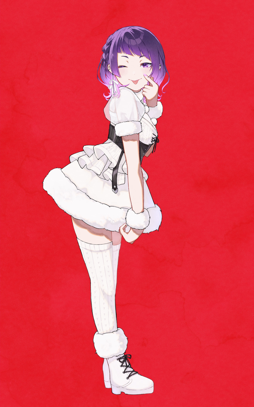 1girl 965ma_mogumogu ;p absurdres akanbe alternate_hairstyle black_corset boots braid commentary corset crown_braid diagonal_bangs dot_nose dress ear_piercing earrings eyelashes eyelid_pull full_body fur-trimmed_boots fur-trimmed_dress fur-trimmed_sleeves fur_collar fur_trim fur_wrist_cuffs gradient_hair hair_ribbon highres idolmaster idolmaster_shiny_colors jewelry layered_dress looking_at_viewer multicolored_hair nail_polish official_alternate_costume official_alternate_hairstyle one_eye_closed piercing pink_nails pom_pom_(clothes) puffy_short_sleeves puffy_sleeves purple_eyes purple_hair red_background ribbon see-through_clothes see-through_sleeves short_eyebrows short_sleeves simple_background smile solo star_(symbol) star_earrings tanaka_mamimi thighhighs tongue tongue_out underbust white_dress white_ribbon white_thighhighs wrist_cuffs zettai_ryouiki