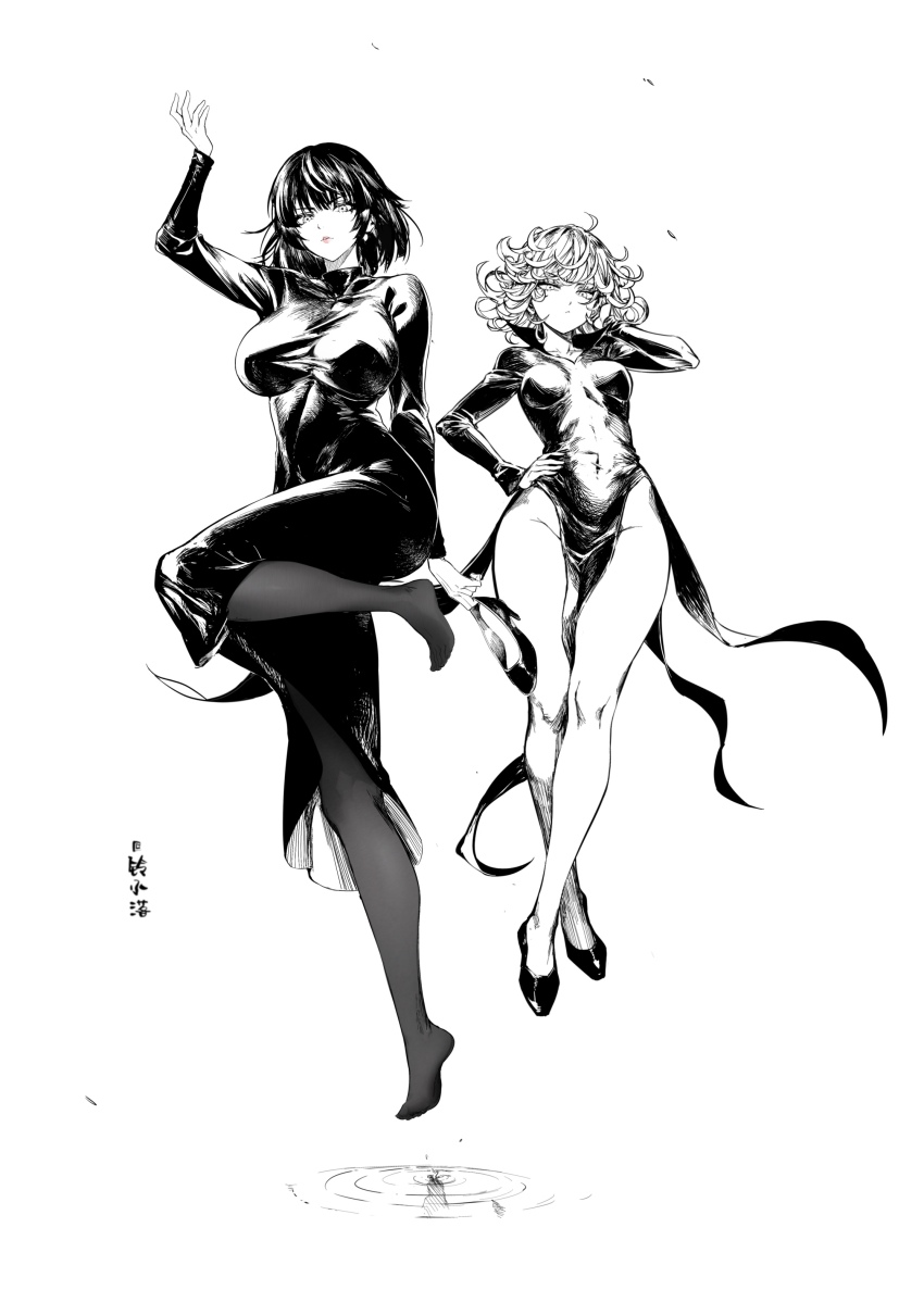 2girls absurdres feet fubuki_(one-punch_man) highres ling_luo_xi_yang looking_at_viewer medium_hair monochrome multiple_girls one-punch_man pantyhose parted_lips shoes tatsumaki toes unworn_shoes wavy_hair
