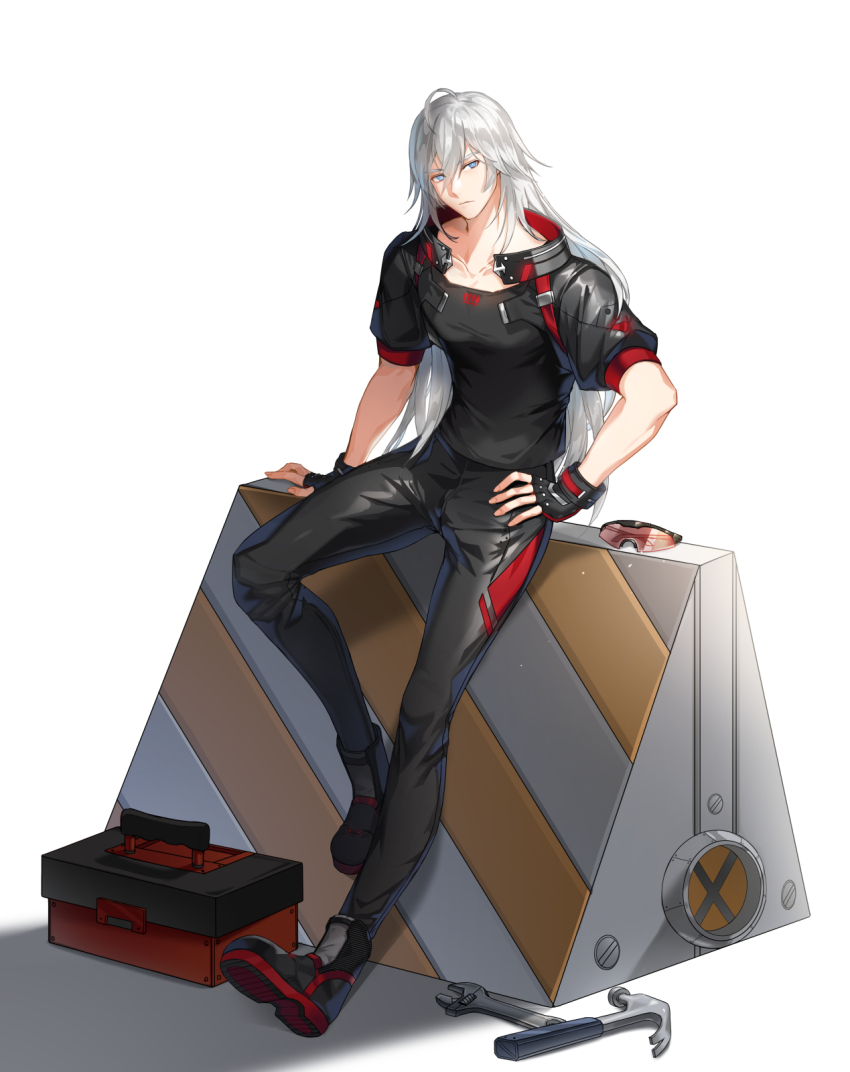1boy adjustable_wrench ahoge alternate_hair_color alternate_hair_length alternate_hairstyle ankle_boots arm_support black_boots black_gloves black_jacket black_pants black_shirt blue_eyes boots chulsoo_kim_(closers) claw_hammer closed_mouth closers cropped_jacket fingerless_gloves full_body gloves hair_between_eyes hammer hand_on_own_hip highres jacket leather leather_jacket leather_pants long_hair looking_to_the_side male_focus official_art open_clothes open_jacket pants pants_tucked_in puffy_short_sleeves puffy_sleeves red-tinted_eyewear roadblock safety_glasses shadow shirt short_sleeves solo tinted_eyewear toolbox unworn_eyewear white_background white_hair wrench