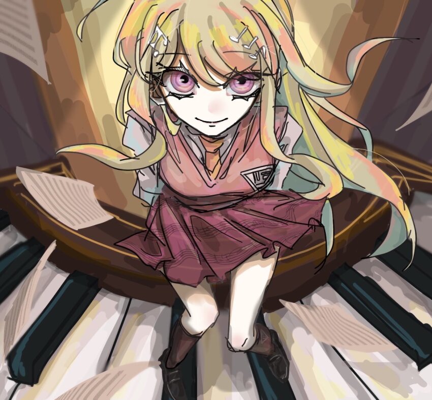 1girl ahoge akamatsu_kaede arms_behind_back blonde_hair collared_shirt commentary crest danganronpa_(series) danganronpa_v3:_killing_harmony fortissimo from_above hair_ornament instrument long_hair long_sleeves looking_at_viewer musical_note musical_note_hair_ornament musical_note_print necktie orange_necktie piano pink_eyes pink_sweater_vest pink_vest pleated_skirt ringed_eyes seng_(nnnmi05) shirt skirt smile solo standing sweater_vest vest white_shirt