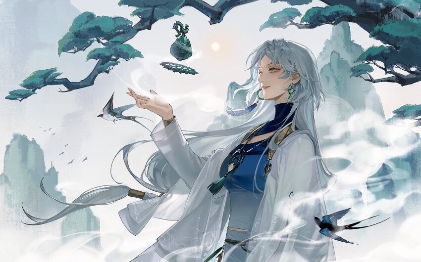 1girl bird blue_shirt chinese_commentary coat commentary_request du_ruo_(path_to_nowhere) earrings houraisan_chouko jewelry karst long_hair long_sleeves low-tied_long_hair necklace path_to_nowhere shirt smile solo tassel tree very_long_hair white_coat white_hair