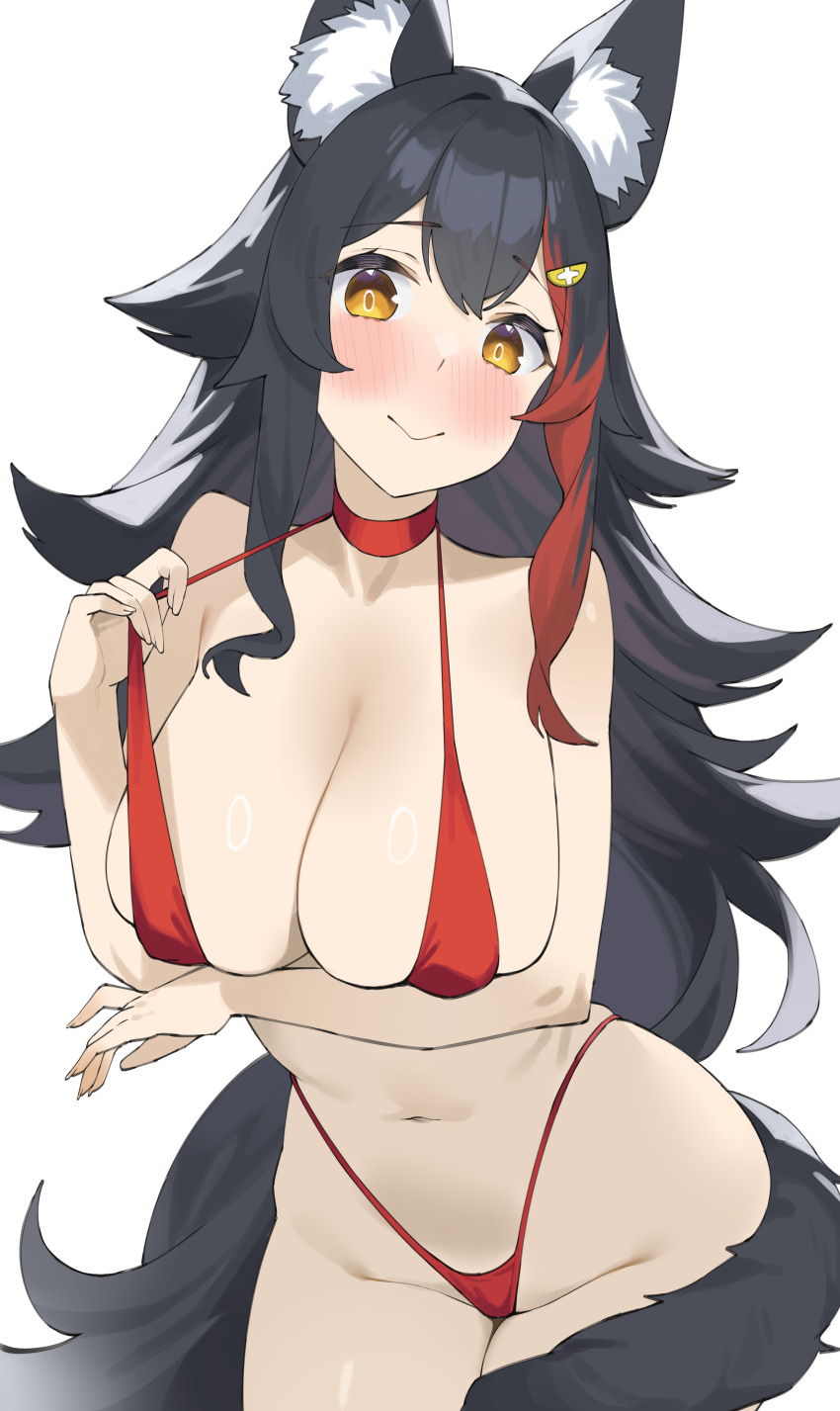 1girl absurdres animal_ears arm_under_breasts bikini black_hair blush breasts byeon_dha choker hair_ornament hairclip highres hololive large_breasts long_hair looking_at_viewer micro_bikini multicolored_hair ookami_mio red_bikini red_choker sidelocks solo streaked_hair string_pull swimsuit tail tail_around_own_leg virtual_youtuber white_background wolf_ears wolf_tail yellow_eyes
