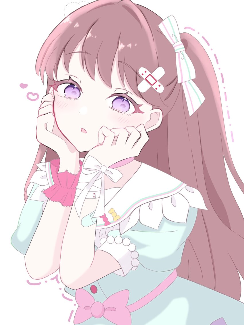 1girl aqua_dress bandaged_arm bandages bandaid bandaid_hair_ornament blush brown_hair choker commentary dotted_line dress frilled_sailor_collar frills fujishima_megumi hair_ornament hair_ribbon hakuchu_a_la_mode heart highres hinase_(mir2o3) link!_like!_love_live! long_hair looking_at_viewer love_live! official_alternate_costume pink_choker puffy_short_sleeves puffy_sleeves purple_eyes ribbon sailor_collar sailor_dress short_sleeves simple_background solo two_side_up upper_body virtual_youtuber white_background white_ribbon white_sailor_collar