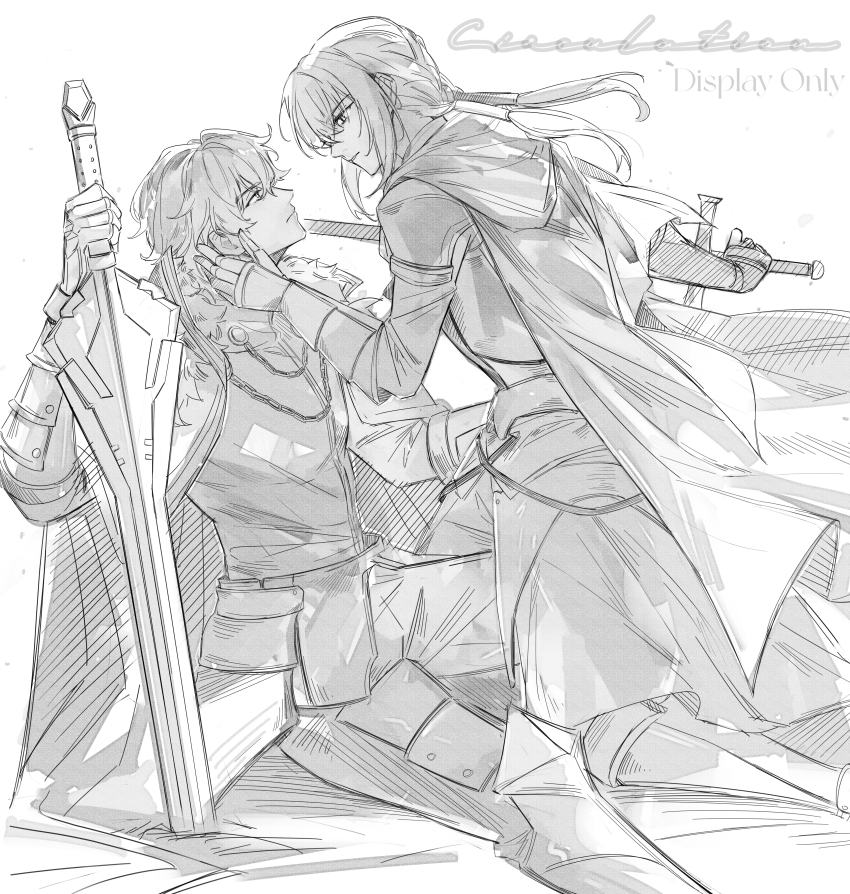 2boys absurdres armor bedivere_(fate) cape chinese_commentary commentary_request commission excalibur_galatine_(fate) fate/grand_order fate_(series) gawain_(fate) grey_background greyscale hair_between_eyes hair_tubes hand_on_another&#039;s_face hand_on_hilt highres holding holding_sword holding_weapon kneeling long_hair looking_at_another male_focus monochrome multiple_boys planted planted_sword planted_weapon profile second-party_source short_hair simple_background sitting smyan sword weapon