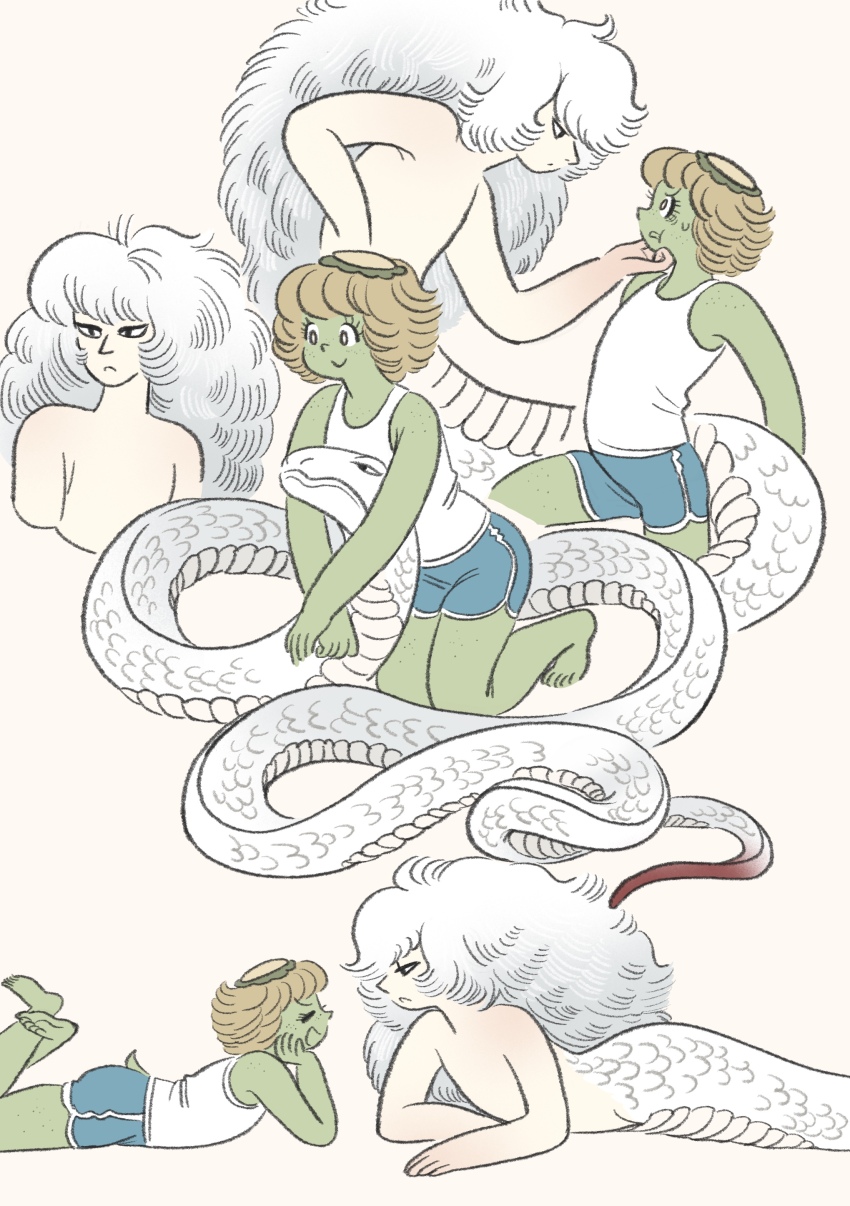 2boys absurdres blue_shorts brown_hair colored_skin cropped_torso green_skin highres kappa lamia_boy long_hair monster_boy multiple_boys multiple_views original panoramango profile short_hair shorts snake tank_top topless_male traditional_youkai trap white_hair white_snake white_tank_top