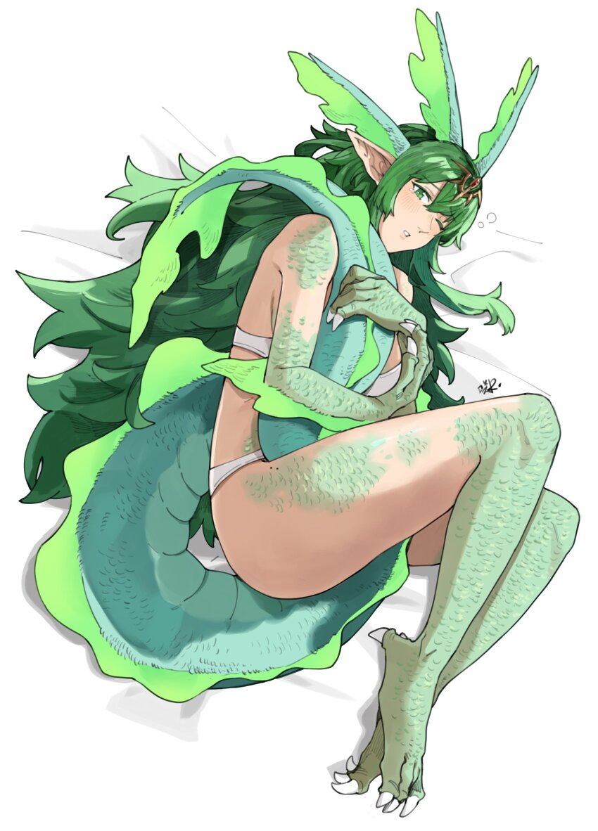1girl absurdres alternate_hairstyle bra breasts commentary dragon_girl dragon_tail english_commentary fire_emblem fire_emblem_awakening green_eyes green_hair hair_ornament highres long_hair looking_at_viewer lying medium_breasts nintendo one_eye_closed panties pointy_ears sakuremi scales sleepy solo tail tiki_(adult)_(fire_emblem) tiki_(fire_emblem) underwear very_long_hair white_background white_bra white_panties