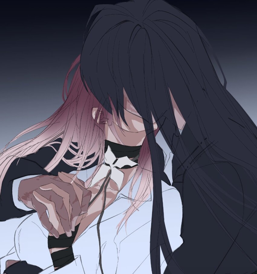 2girls black_hair black_jacket cattusmagi commentary_request flower gradient_background gradient_hair grey_background highres holding_hands interlocked_fingers jacket kiss long_hair multicolored_hair multiple_girls path_to_nowhere purple_hair rahu_(path_to_nowhere) scar scar_on_face scar_on_hand shalom_(path_to_nowhere) shirt vietnamese_commentary white_flower white_hair white_shirt yuri
