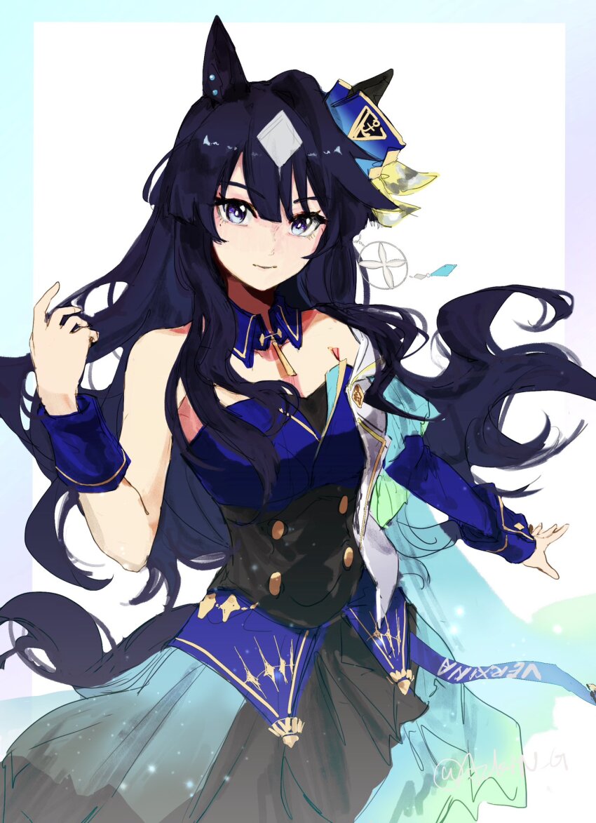 1girl animal_ears az_(azkin_g) bare_shoulders blue_eyes blue_hair detached_collar ear_covers earrings hair_between_eyes highres horse_ears horse_girl jewelry long_hair looking_at_viewer mole mole_under_eye simple_background single_ear_cover single_earring smile solo umamusume verxina_(umamusume) white_background wrist_cuffs