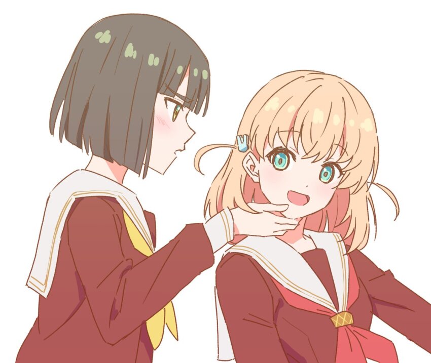 2girls :d alt_text black_hair blunt_bangs blunt_ends blush bob_cut breasts brown_dress closed_mouth commentary_request dress hair_ornament hand_on_another&#039;s_chin hasu_no_sora_school_uniform hinoshita_kaho link!_like!_love_live! long_sleeves looking_at_another love_live! medium_breasts medium_hair momose_ginko multiple_girls neckerchief nogreen open_mouth orange_hair parted_lips profile rabbit_hair_ornament red_neckerchief sailor_collar sailor_dress school_uniform short_hair simple_background smile two_side_up virtual_youtuber white_background white_sailor_collar winter_uniform yellow_neckerchief yuri