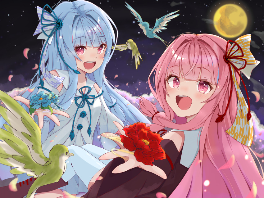 2girls :d absurdres bird black_sleeves blue_flower blue_hair blue_ribbon blue_sleeves blue_thighhighs blunt_bangs blush boots brown_sleeves detached_sleeves dress falling_petals flower full_moon hair_intakes hair_ribbon highres holding holding_flower kotonoha_akane kotonoha_aoi kurozumip long_hair looking_at_viewer looking_back moon multiple_girls night night_sky open_mouth outdoors petals pink_eyes pink_hair red_flower ribbon siblings sidelocks sisters sky sleeveless smile star_(sky) starry_sky teeth thighhighs upper_teeth_only voiceroid white_dress yagasuri