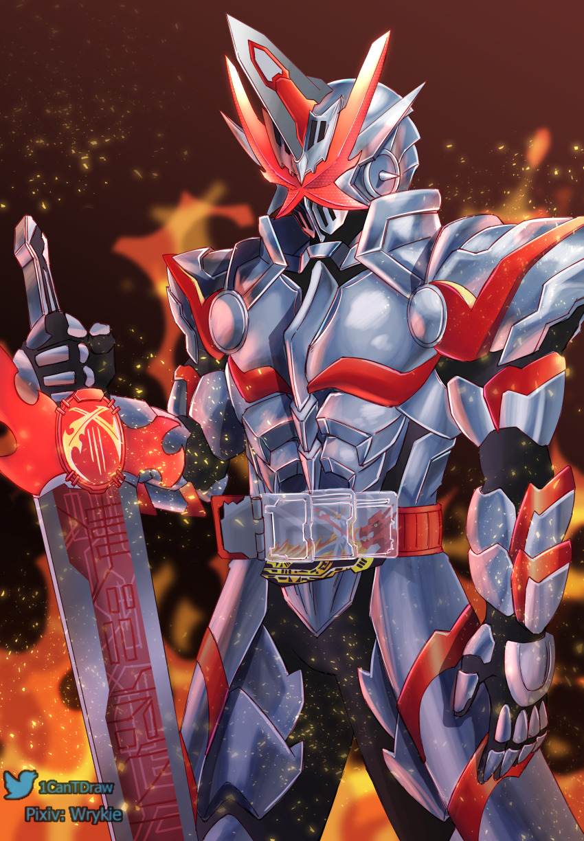 1boy absurdres armor brown_background cowboy_shot fire gradient_background highres holding holding_sword holding_weapon kamen_rider kamen_rider_saber kamen_rider_saber_(series) kamen_rider_saber_draconic_knight male_focus richard_park rider_belt solo sword tokusatsu weapon white_armor