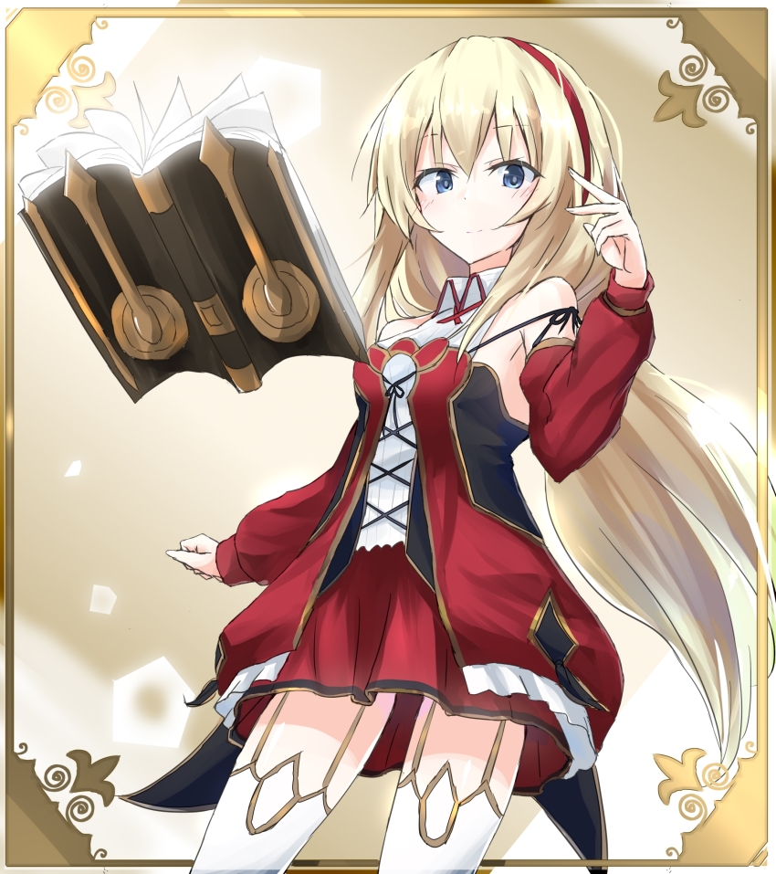 1girl bare_shoulders blonde_hair blue_eyes book breasts closed_mouth collared_dress commentary_request cowboy_shot detached_sleeves dress female_focus framed grimms_notes hairband hand_up highres legs_apart long_hair long_sleeves looking_at_viewer open_book otakubotti red_dress red_hairband reina_(grimms_notes) sleeves_past_wrists small_breasts smile solo standing thighhighs very_long_hair white_thighhighs