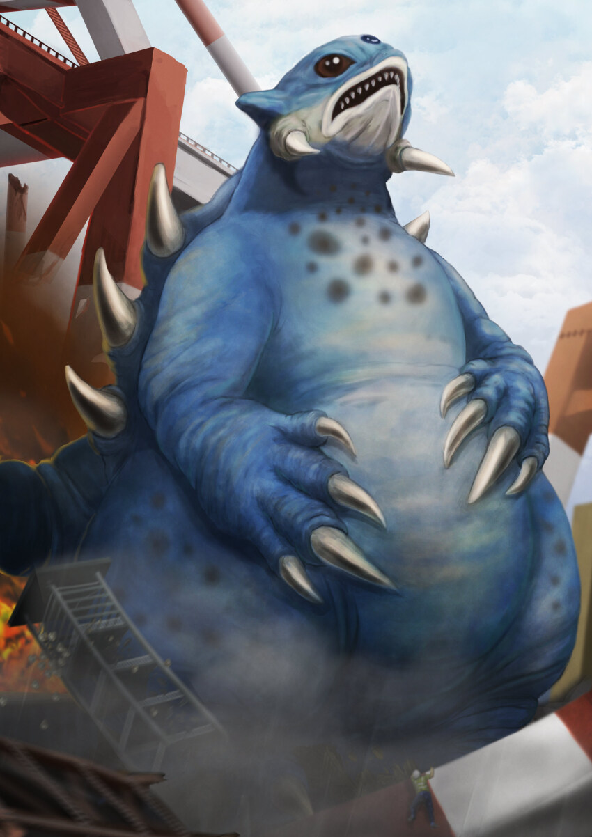 1boy absurdres black_eyes blue_gemstone blue_skin claws cloud cloudy_sky colored_skin commentary_request day debris destruction fire forehead_jewel full_body gem hands_on_own_stomach hanging_on harbor highres horns kaiju kodalar looking_ahead no_pupils open_mouth outdoors rubble sharp_teeth sky solo spikes spines standing tail teeth tokusatsu ultra_series ultraman:_towards_the_future yamakazema