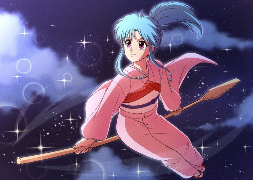 1girl blue_hair botan_(yu_yu_hakusho) closed_mouth cloud flying full_body japanese_clothes kimono long_hair midair motiusa_00 oar ponytail smile solo yuu_yuu_hakusho
