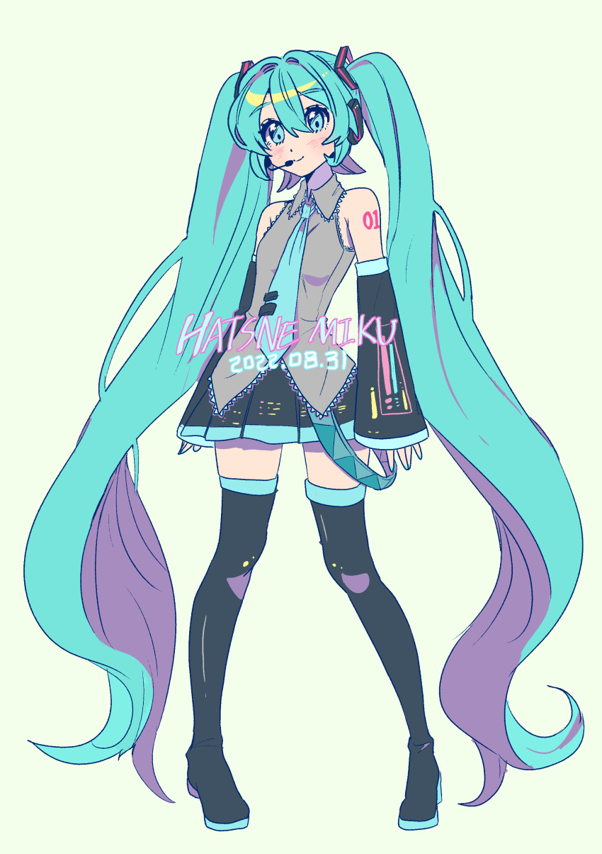 1girl absurdres black_boots blue_eyes blue_hair boots detached_sleeves full_body grey_shirt hareeangkki hatsune_miku headset highres long_hair number_tattoo pleated_skirt shirt simple_background skirt solo tattoo thigh_boots thighhighs twintails very_long_hair vocaloid white_background zettai_ryouiki