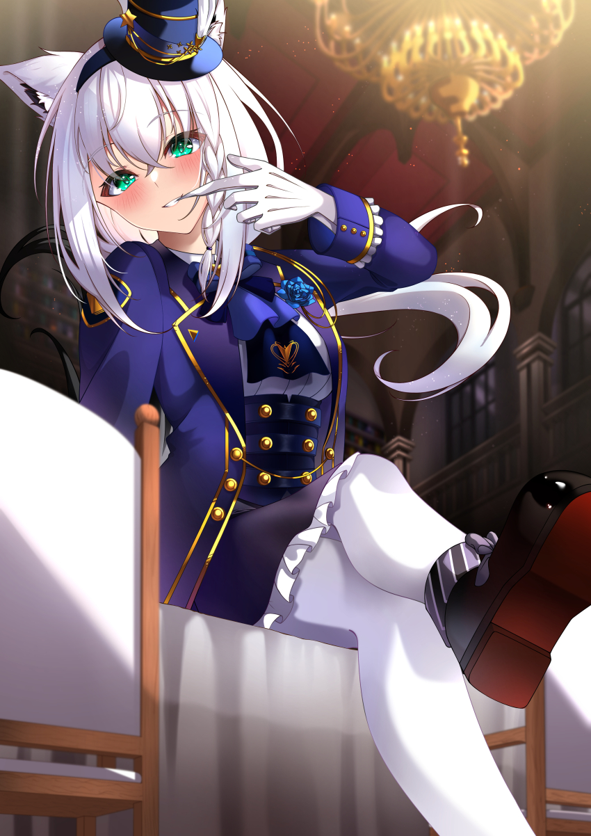1girl absurdres animal_ear_fluff animal_ears ascot biting biting_glove blue_ascot blue_flower blue_headband blue_jacket blue_rose blurry blurry_background blush braid breasts chair chandelier commentary_request crossed_legs flower fox_ears fox_girl fox_tail from_below gloves green_eyes grey_skirt hair_between_eyes hat headband highres hololive indoors jacket jam_bread long_hair looking_at_viewer mini_hat pantyhose rose shirakami_fubuki shirakami_fubuki_(aristocrat_kei) shirt sidelocks single_braid sitting sitting_on_table skirt small_breasts solo tail thighs virtual_youtuber white_gloves white_hair white_pantyhose white_shirt