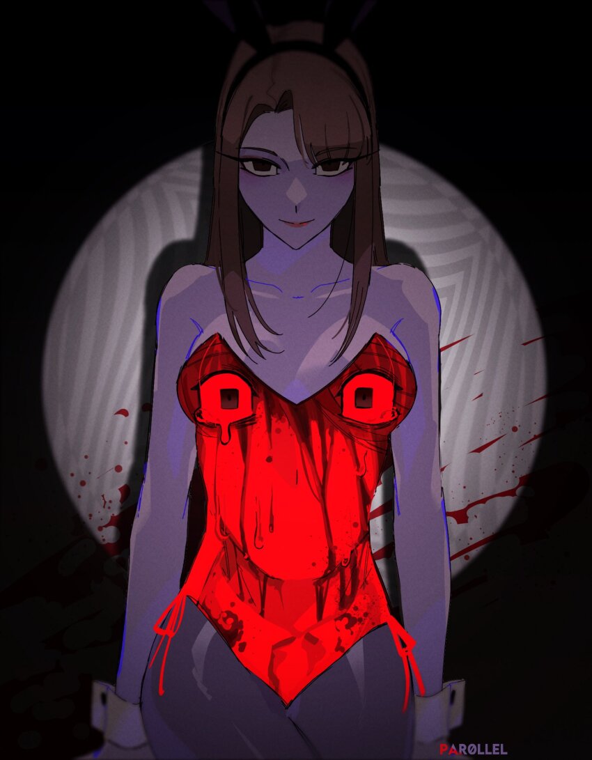 1girl black_headband black_leggings blood blood_from_forehead blood_on_face blood_splatter body_horror breasts brown_eyes brown_hair cleavage cowboy_shot crying crying_with_eyes_open dim_lighting drop_shadow eye_print hair_over_shoulder headband highres leggings leotard lipstick looking_at_viewer makeup medium_hair original par0llel red_eyes red_leotard spotlight superimposition swept_bangs tears wide-eyed wrist_cuffs