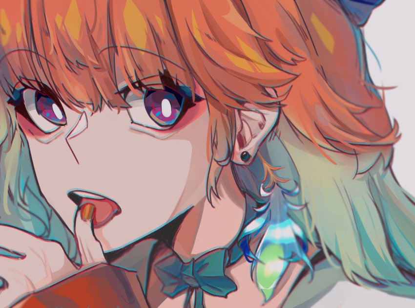 1girl bow bow_choker bright_pupils choker close-up commentary earrings english_commentary feather_earrings feathers gradient_hair green_bow green_choker green_hair highres hololive hololive_english jewelry legzy licking licking_finger looking_at_viewer multicolored_hair nail_polish orange_hair orange_nails purple_eyes solo takanashi_kiara virtual_youtuber white_pupils