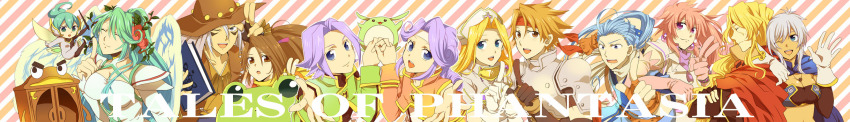 5boys 6+girls albert_(tales) aqua_eyes aqua_hair arche_klein armor black_eyes blonde_hair blue_eyes blue_hair blush bodysuit book bracelet breasts brown_eyes brown_hair cape chester_burklight claus_f._lester cleavage closed_eyes coat copyright_name cress_albane dark_skin dhaos dio_(tales) dress earrings elbow_gloves etos_(tales) flower frog fujibayashi_suzu gloves grey_hair hat headband highres holding_hands jewelry kuruuru long_hair long_image mel_(tales) mint_adenade multiple_boys multiple_girls navel necklace norn_(tales) one_eye_closed open_mouth pink_hair ponytail purple_eyes purple_hair ring rondorine_e._effenberg scarf short_hair shoulder_pads tales_of_(series) tales_of_phantasia tales_of_phantasia:_narikiri_dungeon tales_of_phantasia:_narikiri_dungeon_x tattoo v vest wide_image wings wink