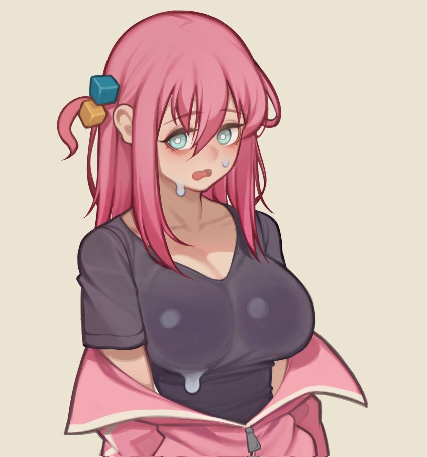 1girl bagjunba_(qkrgk198) black_shirt blue_eyes bocchi_the_rock! breasts bright_pupils commentary corrupted_twitter_file cube_hair_ornament gotoh_hitori hair_between_eyes hair_ornament highres jacket large_breasts long_hair one_side_up pink_hair pink_jacket shadow shirt short_sleeves simple_background solo sweat symbol-only_commentary tan_background track_jacket upper_body white_pupils