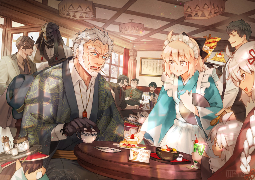 3girls 6+boys ahoge alternate_costume apron armor beard black_bow black_gloves black_hair black_shirt black_vest blonde_hair blue_eyes blue_kimono bow bowtie braid brown_hair butler cake cake_slice coat collared_shirt dark_skin dragon_print eating facial_hair facial_scar fate/grand_order fate_(series) fedora floating food formal_clothes frilled_apron frills full_beard gloves green_hair grey_hair hair_between_eyes hair_knot hair_ornament hair_over_one_eye hair_pulled_back hair_slicked_back hat hattori_takeo_(fate) helmet hijikata_toshizou_(fate) itou_kashitarou_(fate) jacket japanese_armor japanese_clothes kimono long_hair long_sleeves low_ponytail madokakawai maid maid_apron maid_headdress mask mini_nobu_(fate) mouth_hold multiple_boys multiple_girls nagakura_shinpachi_(fate) oda_nobunaga_(fate) official_alternate_costume okada_izou_(fate) okita_souji_(fate) okita_souji_(koha-ace) okita_souji_alter_(fate) old old_man oryou_(fate) polka_dot ponytail saitou_hajime_(fate) sakamoto_ryouma_(fate) scar scar_on_cheek scar_on_face serizawa_kamo_(fate) shinsengumi shirt short_hair stalk_in_mouth suit vest white_hair white_hat white_jacket white_shirt white_suit yamanami_keisuke_(fate) yellow_eyes