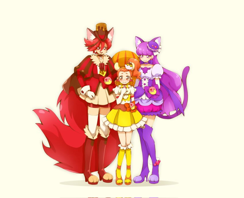 3girls animal_ear_fluff animal_ears arisugawa_himari bike_shorts blunt_bangs boots bow brooch bubble_skirt cat_ears cat_girl cat_tail center_frills cherry_earrings chocolate_hair_ornament choker closed_mouth corrupted_twitter_file cure_chocolat cure_custard cure_macaron dog_ears dog_girl dog_tail dress earrings elbow_gloves eyelashes flat_chest food-themed_earrings food-themed_hair_ornament food_themed_earrings frilled_dress frills frown full_body fur_trim furrowed_brow gloves hair_between_eyes hair_ornament hand_on_own_chest hands_on_own_hips high_heels highres jewelry juliet_sleeves kenjou_akira kirakira_precure_a_la_mode knee_boots kneehighs kotozume_yukari large_tail light_blush long_hair long_sleeves looking_to_the_side macaron_hair_ornament magical_girl multiple_girls orange_eyes orange_hair orange_shoes pleated_dress pleated_skirt precure pudding_hair_ornament puffy_short_sleeves puffy_sleeves purple_dress purple_eyes purple_hair red_boots red_eyes red_hair shoes short_bangs short_hair short_sleeves shorts shorts_under_skirt sidelocks simple_background skirt socks squirrel_ears squirrel_girl squirrel_tail standing strappy_heels striped_sleeves tail tareme thighhighs white_background white_gloves white_thighhighs yellow_dress yellow_skirt yellow_socks yuu13