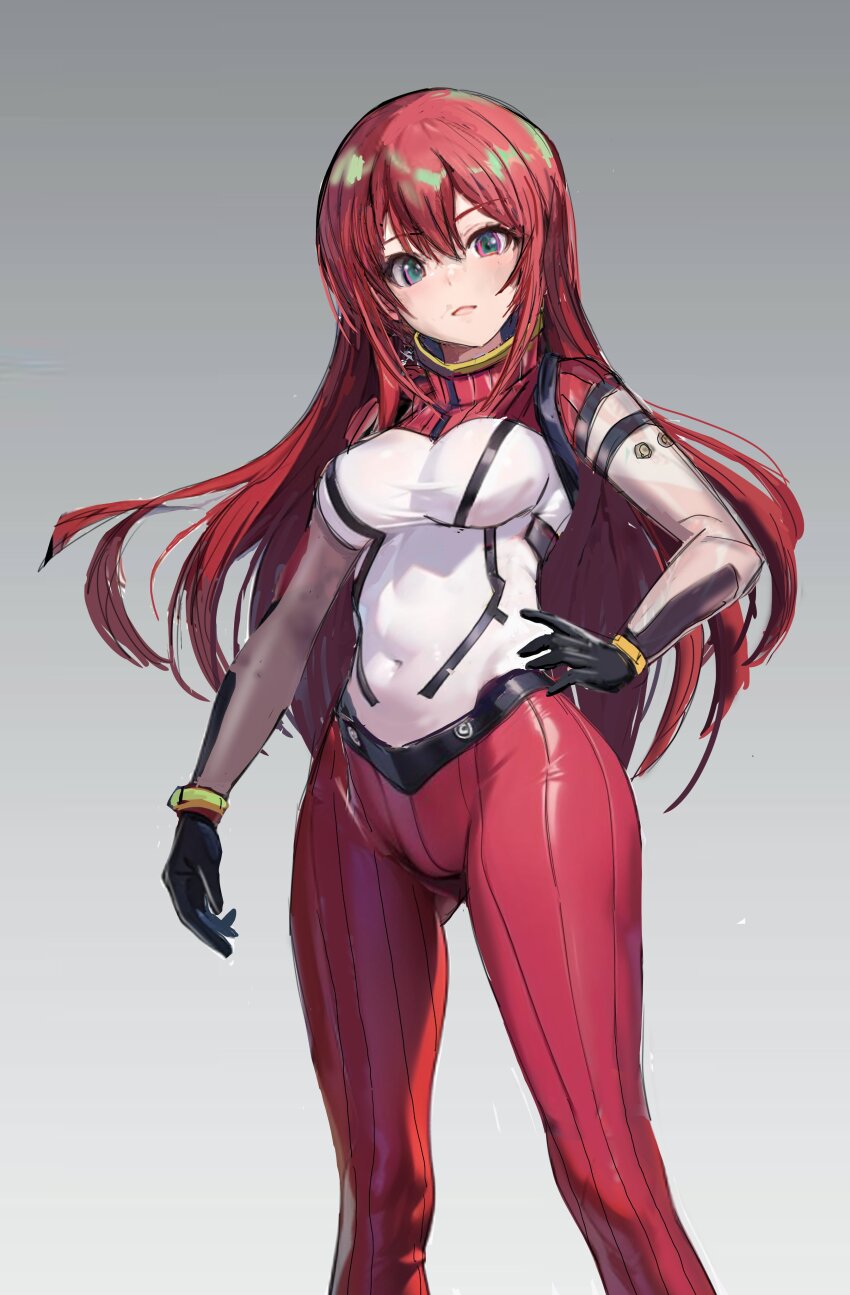 1girl absurdres alternate_hairstyle amate_yuzuriha bodysuit breasts commentary_request cowboy_shot green_eyes grey_background gundam gundam_gquuuuuux highres huo_ji_wu large_breasts long_hair red_bodysuit red_hair simple_background solo white_bodysuit