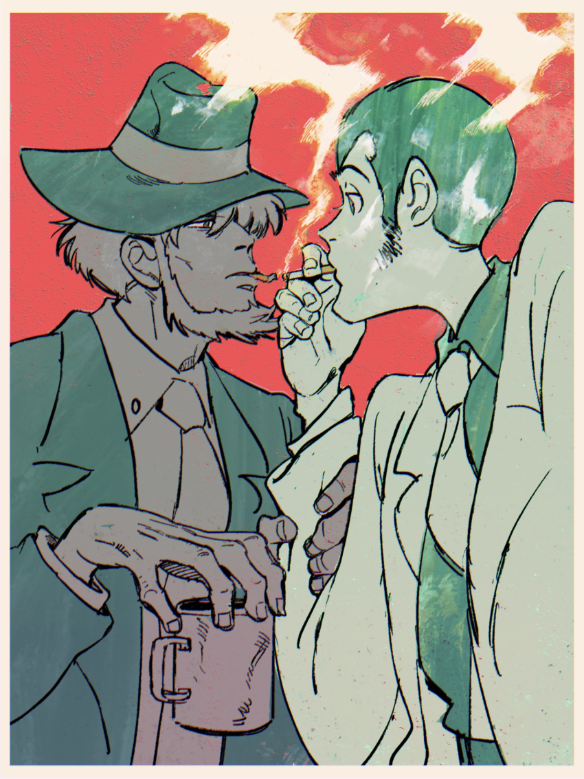 2boys arsene_lupin_iii beard border cigarette_kiss collarbone collared_shirt cup facial_hair fedora fingernails hashi84e hat highres holding holding_cup jigen_daisuke long_sideburns long_sleeves lupin_iii male_focus mature_male mug multiple_boys multiple_monochrome necktie parted_lips red_background shirt short_hair sideburns smoke white_border yaoi