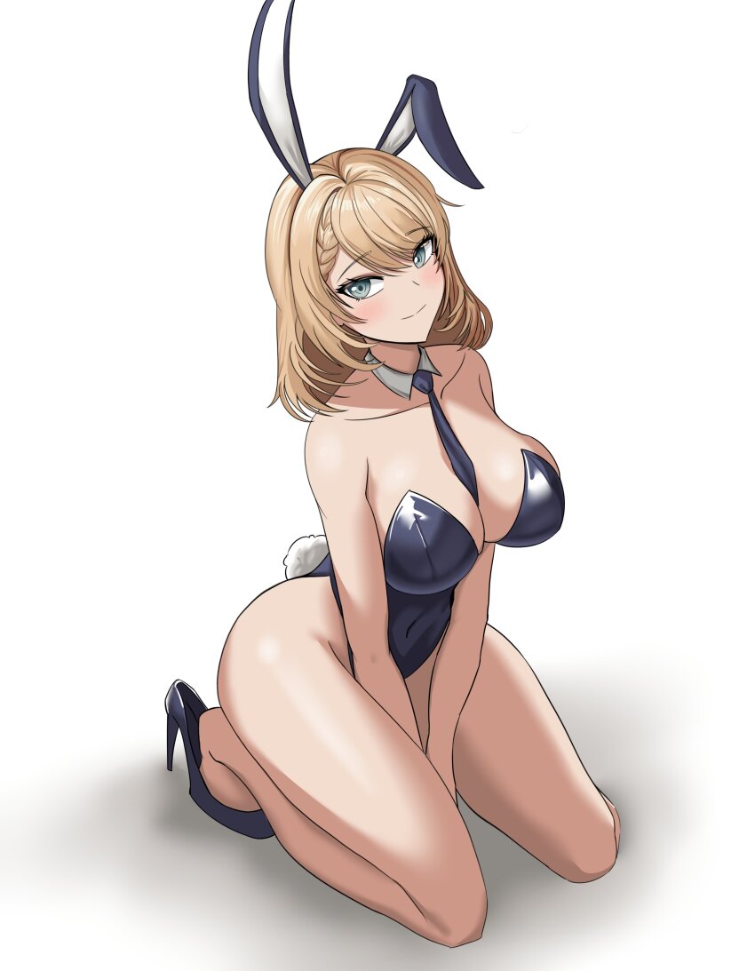 1girl absurdres alternate_costume animal_ears bare_shoulders blonde_hair blue_eyes blue_leotard blue_necktie breasts centaureissi_(girls&#039;_frontline_2) choebal1356201 collarbone commentary detached_collar english_commentary fake_animal_ears fake_tail g36_(girls&#039;_frontline) girls&#039;_frontline girls&#039;_frontline_2:_exilium high_heels highres kneeling large_breasts leotard necktie playboy_bunny rabbit_ears rabbit_tail shoes smile solo strapless strapless_leotard tail