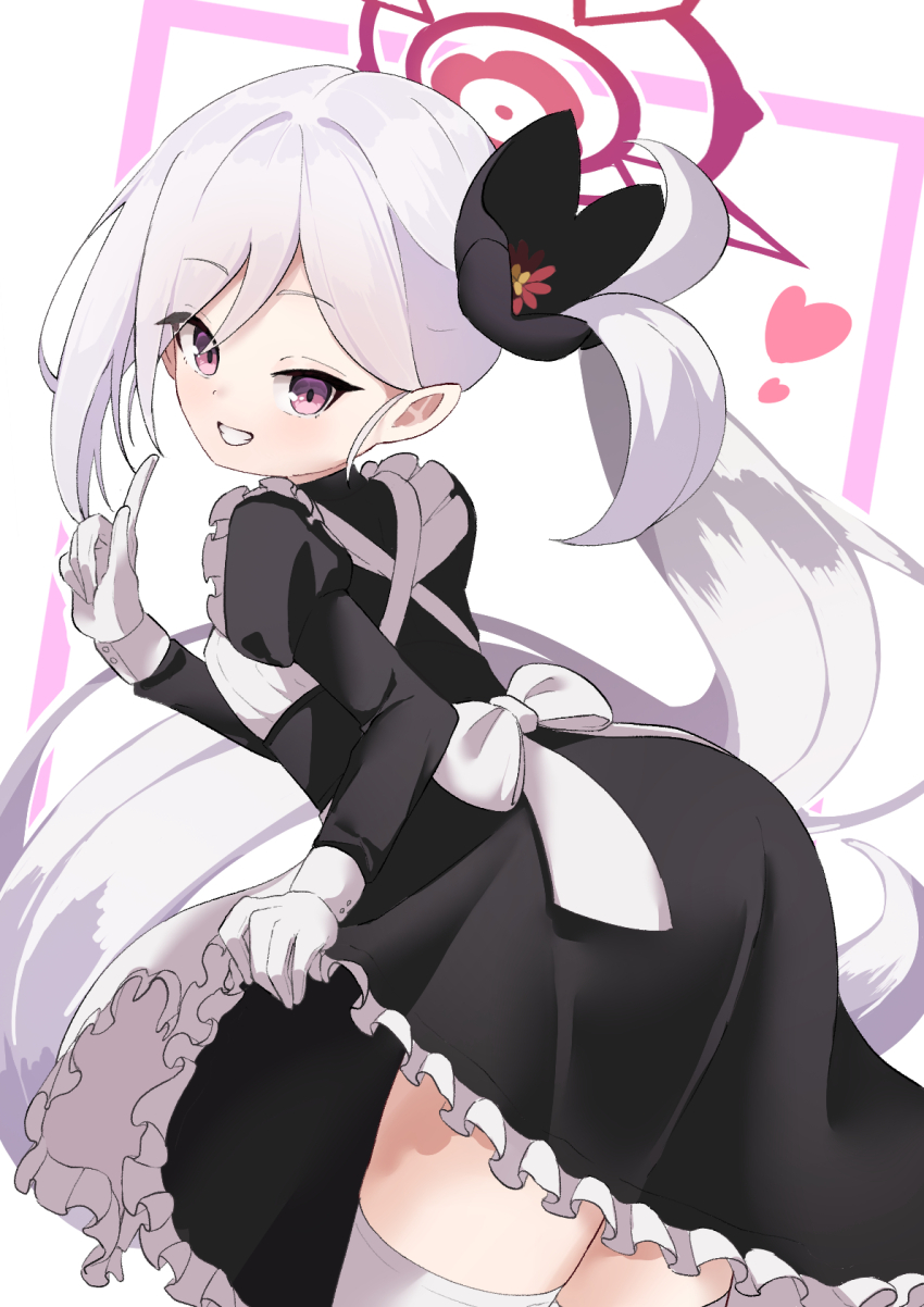1girl :d alternate_costume apron back_bow black_dress blue_archive bow commentary cowboy_shot dress enmaided floating_hair frilled_apron frilled_dress frills from_behind gloves grey_hair grin hair_behind_ear halo hand_up happy heart highres index_finger_raised juliet_sleeves leaning_forward light_blush long_hair long_sleeves looking_at_viewer looking_back maid maid_apron maid_day mutsuki_(blue_archive) open_mouth osmium-76 outline pointy_ears puffy_sleeves purple_eyes red_halo side_ponytail simple_background skirt_hold smile solo thighhighs very_long_hair white_apron white_background white_bow white_gloves white_outline white_thighhighs