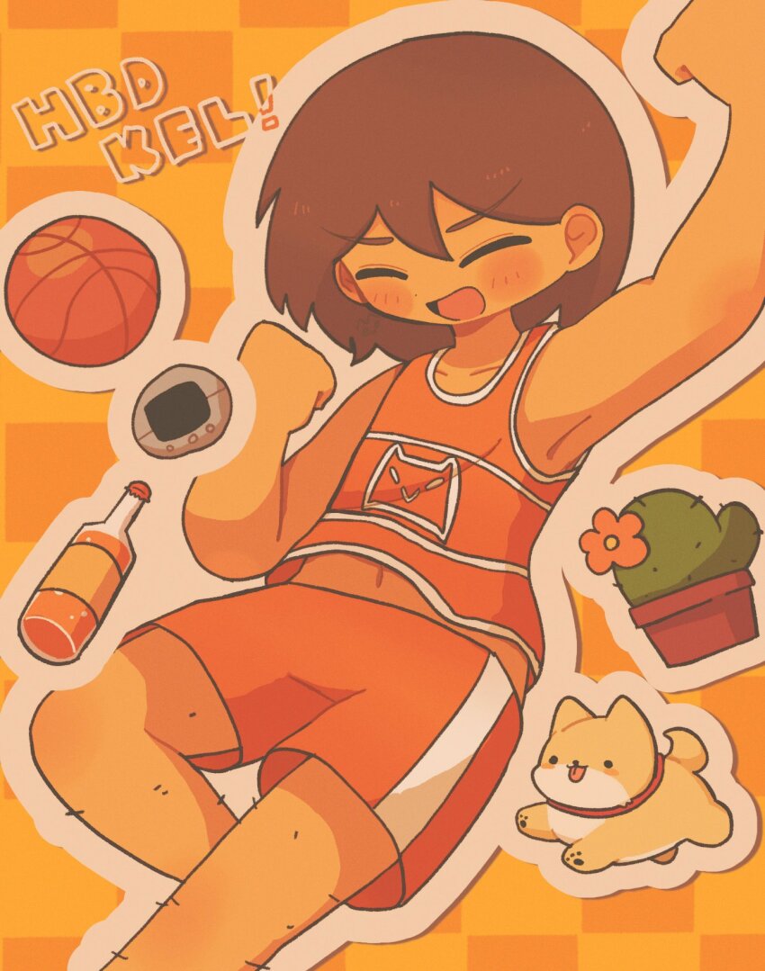 1boy arm_up ball basketball_(object) blush bottle brown_hair cactus character_name closed_eyes collarbone dark-skinned_male dark_skin dog flower_pot happy_birthday hector_(omori) highres kel_(faraway)_(omori) kel_(omori) male_focus mewowem_omo navel omori open_mouth orange_shorts short_hair shorts smile solo