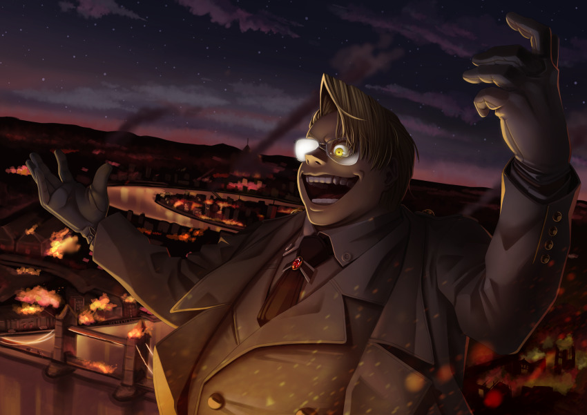 1boy absurdres blonde_hair coat conductor destruction fat fat_man fire formal_clothes full_body glasses gloves grin hellsing highres laughing london major_(hellsing) majorette_(artist) male_focus monochrome nazi necktie river scene_reference short_hair smile solo suit white_gloves white_suit