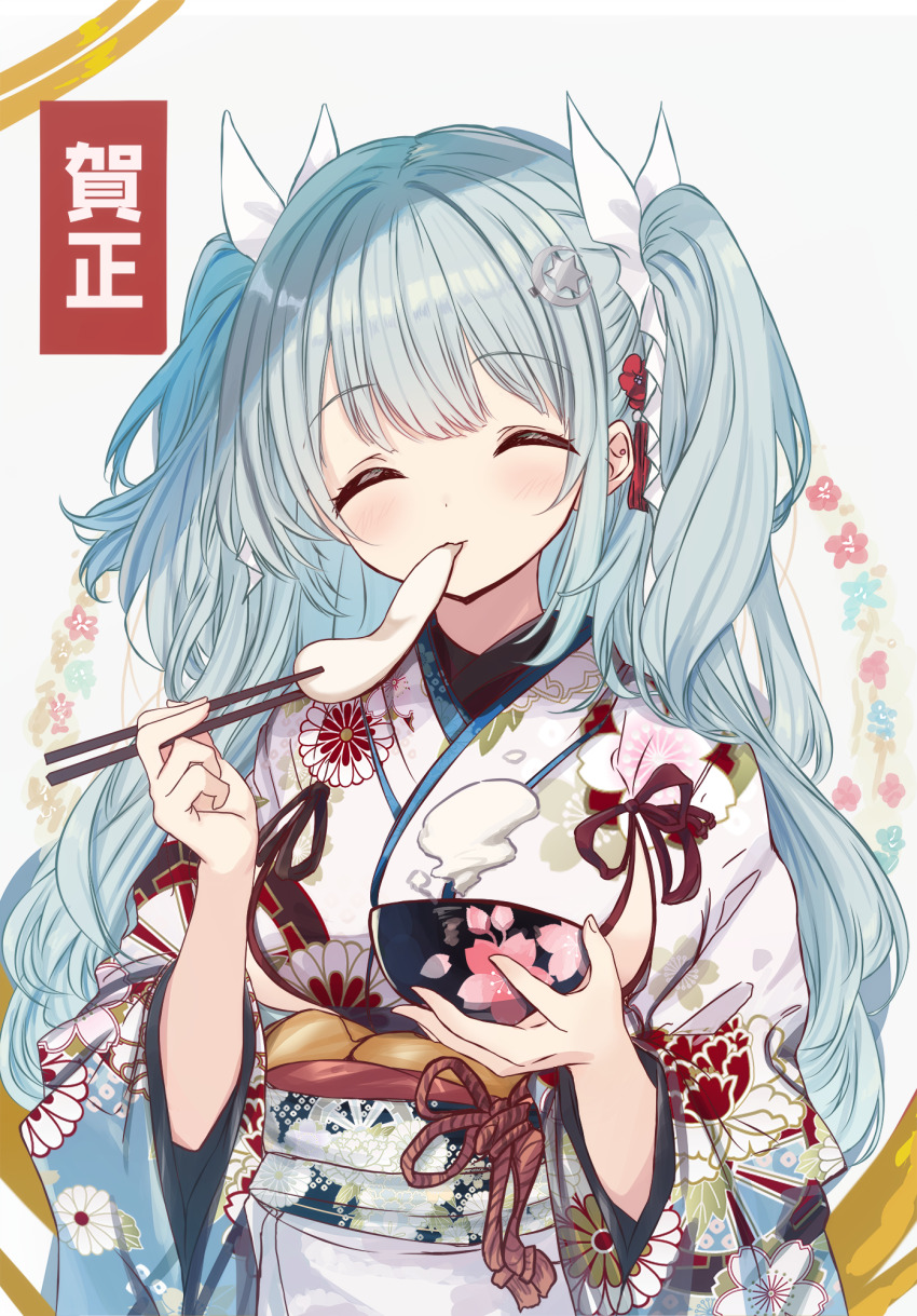 1girl blue_hair blush bowl character_request chopsticks closed_eyes commentary_request copyright_request crescent crescent_hair_ornament cutlass_(classic_chocolate) dumpling eating facing_viewer floral_print floral_print_kimono food food_in_mouth hair_ornament hair_ribbon highres holding holding_chopsticks japanese_clothes kimono long_hair long_sleeves mochi mochi_trail obi obiage print_kimono ribbon sash solo star_(symbol) star_hair_ornament tassel tassel_hair_ornament translation_request two_side_up upper_body virtual_youtuber white_kimono white_ribbon wide_sleeves