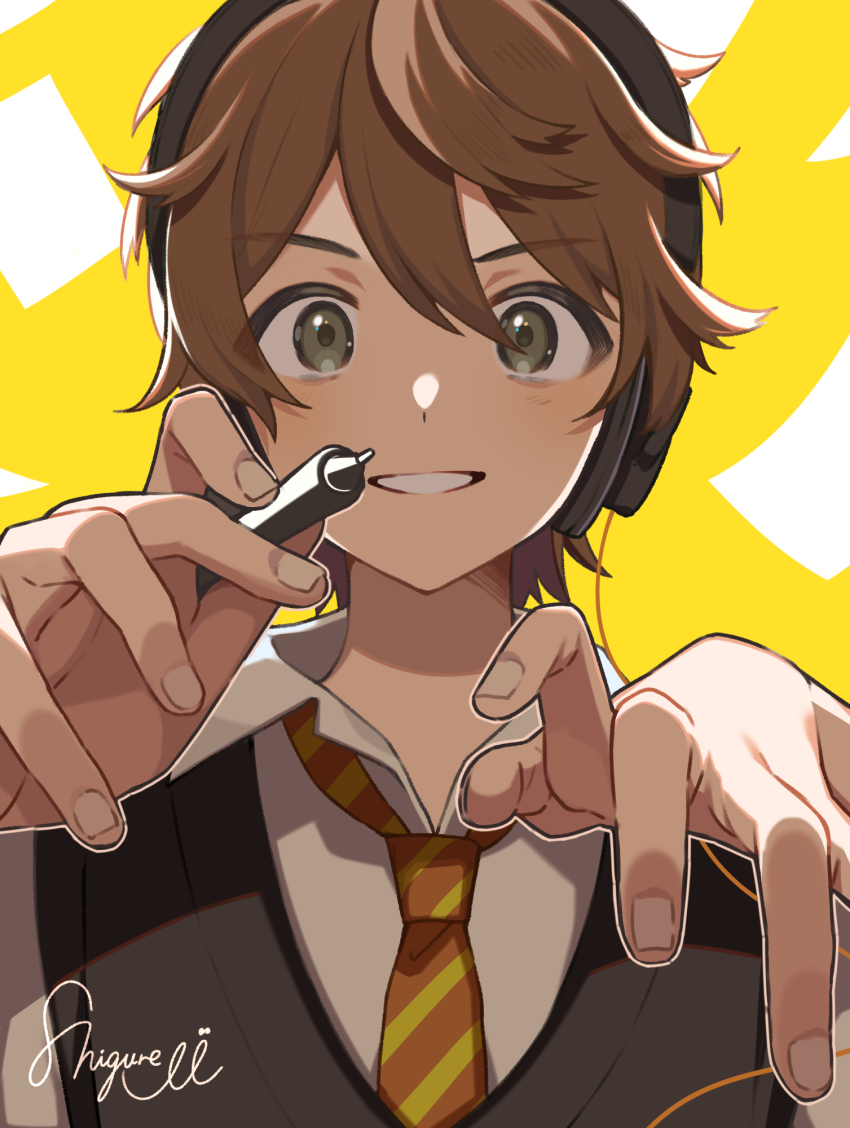 1boy asaya_kanata cable diagonal-striped_clothes diagonal-striped_necktie hand_focus headphones highres holding holding_stylus looking_at_viewer male_focus necktie shigure_ui shirt signature smile solo striped_clothes stylus suufunkan_no_yell_wo sweater_vest white_shirt