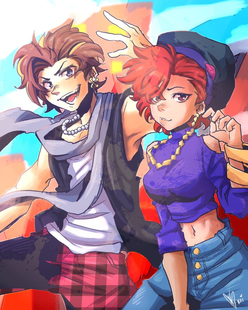 1boy 1girl beret black_headwear black_vest blue_eyes breasts brown_eyes brown_hair closed_mouth clothing_cutout denim ear_piercing earrings eyebrows_hidden_by_hair eyes_visible_through_hair furesawa_tosai grey_scarf hair_over_one_eye hat highres jeans jewelry kanon_(ntwewy) medium_breasts midriff navel necklace open_mouth orange_hair pants pearl_necklace piercing plaid_clothes plaid_pants purple_shirt red_pants ringlets scarf shin_subarashiki_kono_sekai shirt shoulder_cutout smile subarashiki_kono_sekai undercut vest white_shirt