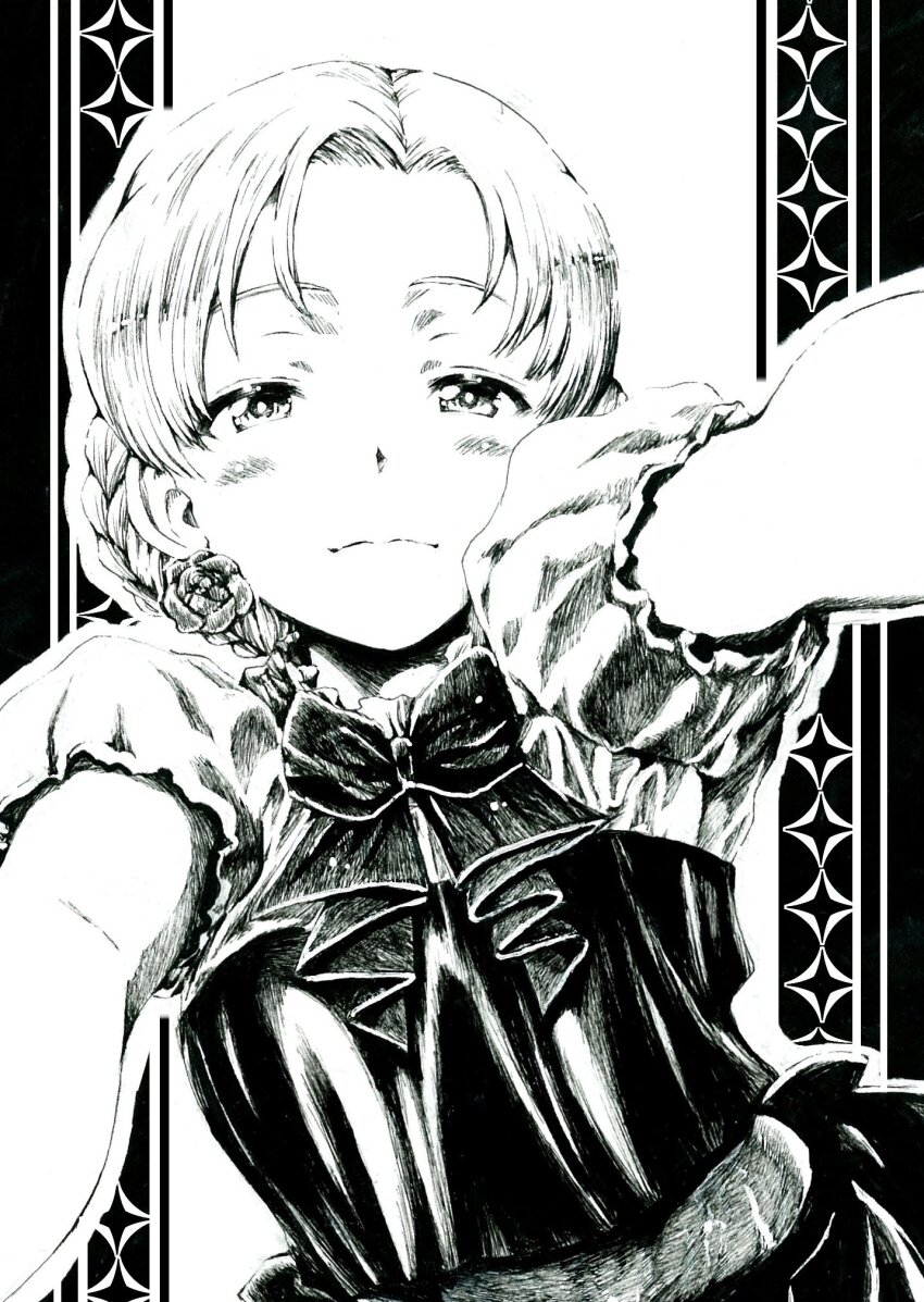 1girl alternate_costume blush bow bowtie braid dress girls_und_panzer highres looking_at_viewer monochrome orange_pekoe_(girls_und_panzer) pov sawamin short_hair short_sleeves sleeveless solo twin_braids