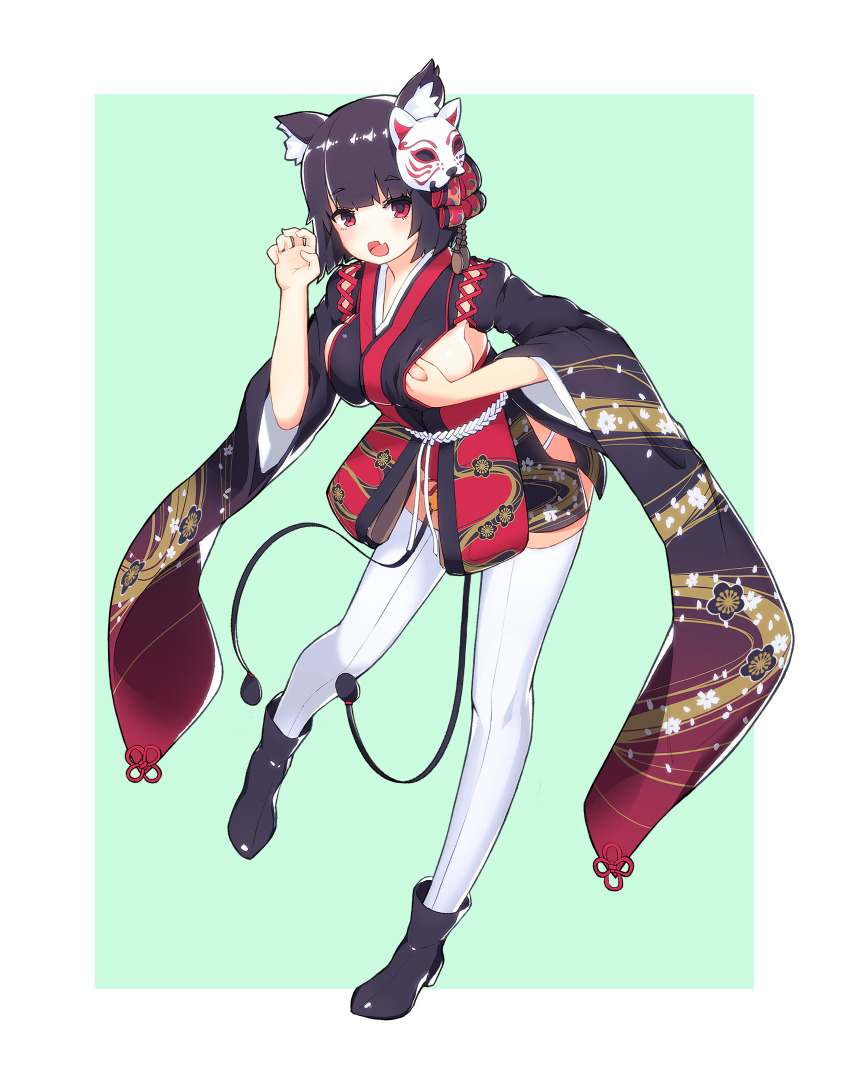 1girl :d absurdres azur_lane black_boots black_hair blush boots border breasts cat_mask claw_pose fang full_body grabbing_own_breast green_background highres japanese_clothes kimono kimono_skirt long_sleeves looking_at_viewer mask mask_on_head medium_hair open_mouth pepper0 red_eyes sideboob skin_fang smile solo standing standing_on_one_leg thighhighs white_border white_thighhighs wide_sleeves yamashiro_(azur_lane)