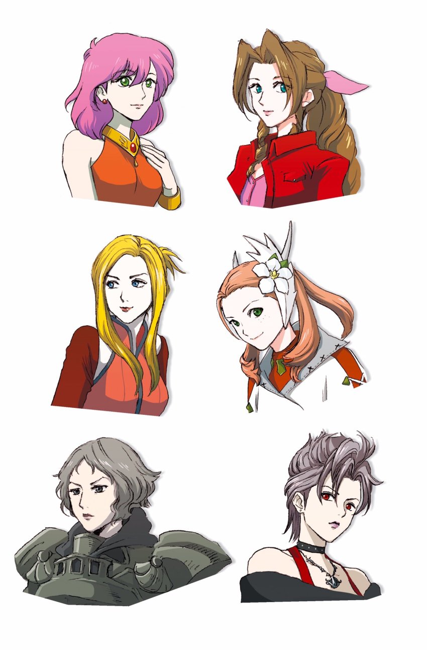 aerith_gainsborough armor blonde_hair blue_eyes breasts brown_hair choker closed_mouth final_fantasy final_fantasy_v final_fantasy_vii final_fantasy_viii final_fantasy_x final_fantasy_x-2 final_fantasy_xii final_fantasy_xiv green_eyes hair_ribbon highres jewelry judge_drace lenna_charlotte_tycoon lipstick long_hair looking_at_viewer makeup marimoriah multiple_girls necklace paine_(ff10) pink_hair quistis_trepe raya-o-senna red_eyes ribbon short_hair silver_hair simple_background smile square_enix white_background