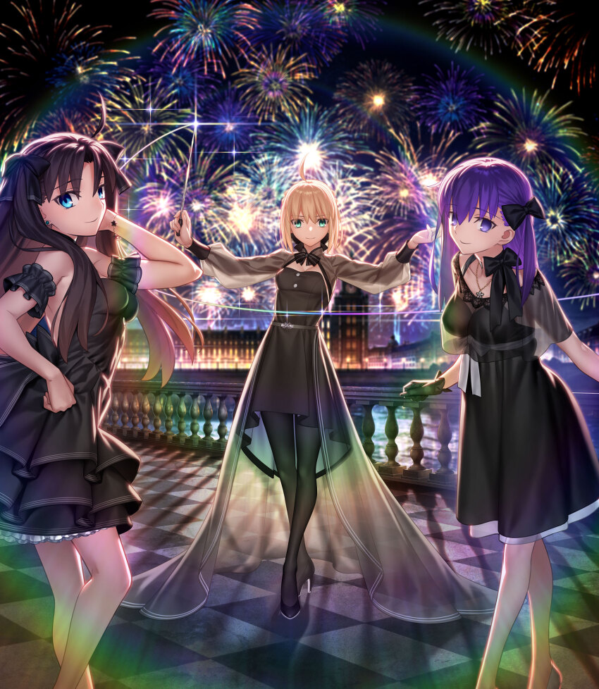 3girls ahoge artoria_pendragon_(fate) belt black_dress black_gloves black_pantyhose black_ribbon black_shoes blonde_hair blue_eyes bow bracelet breasts brown_hair checkered_floor cleavage conductor_baton detached_sleeves dress earrings elizabeth_tower fate/stay_night fate_(series) fireworks formal_clothes full_body gloves green_eyes hair_bow hair_ribbon hand_on_own_hip hands_up high_heels highres holding_baton jewelry london long_hair long_sleeves looking_at_viewer matou_sakura medium_breasts multiple_girls neck_ribbon necklace night night_sky official_art outdoors pantyhose purple_eyes purple_hair ribbon saber_(fate) second-party_source see-through_clothes shoes shrug_(clothing) sky smile standing strapless strapless_dress takeuchi_takashi tohsaka_rin two_side_up updo water