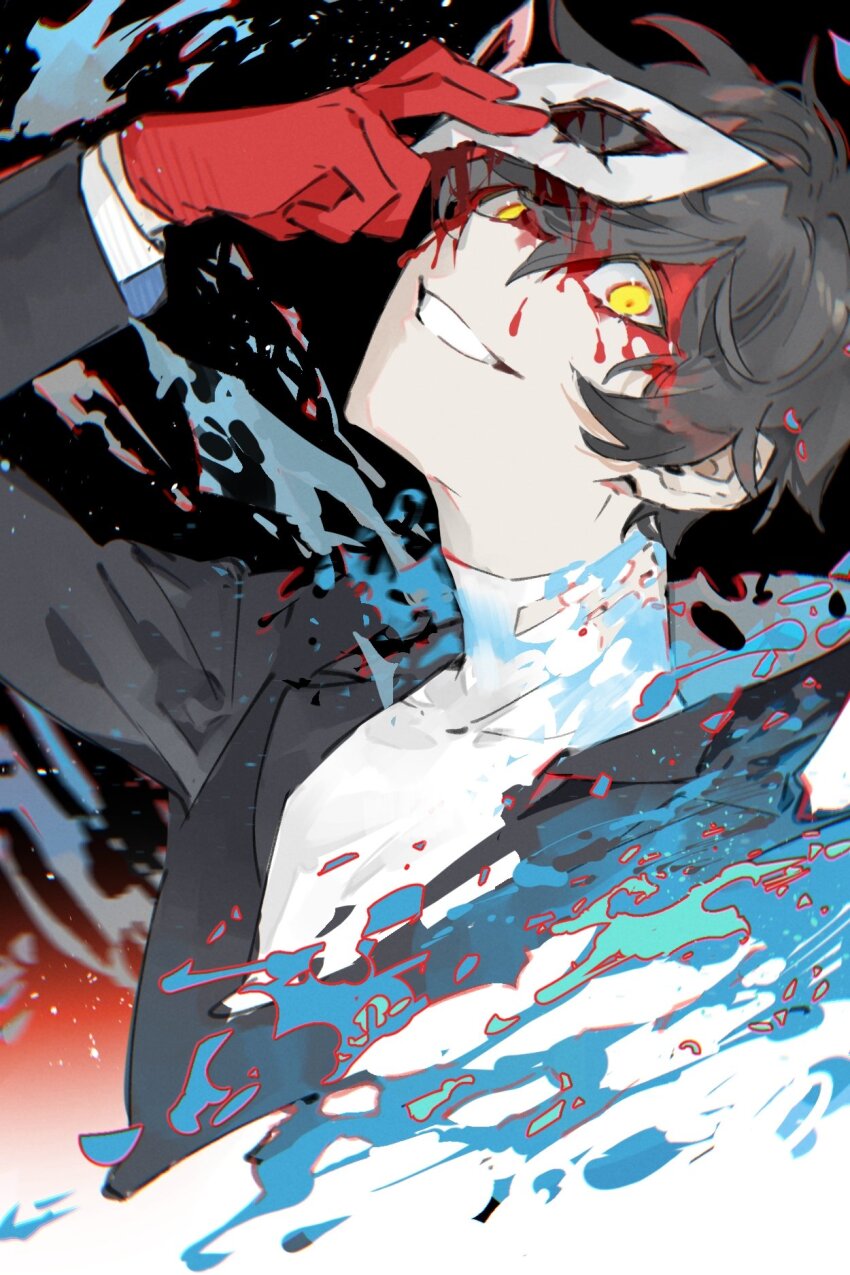 1boy amamiya_ren black_hair black_jacket blazer blood blood_from_forehead blood_on_face disintegration gloves grin hair_between_eyes head_back highres holding jacket joker_(persona_5) long_sleeves looking_at_viewer male_focus mask official_alternate_eye_color persona persona_5 red_gloves removing_mask school_uniform short_hair shuujin_academy_school_uniform simple_background smile solo sweater turtleneck turtleneck_sweater white_sweater xing_20 yellow_eyes